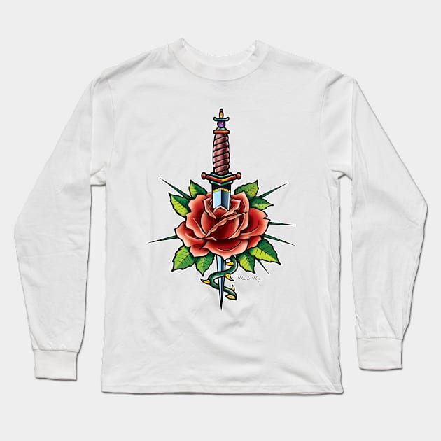 Rose and dagger, tatto style illustration Long Sleeve T-Shirt by Cimbart